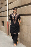 Men's Black Kurta Set with V-Neck Thread Work Embroidery