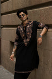 Men's Black Kurta Set with V-Neck Thread Work Embroidery