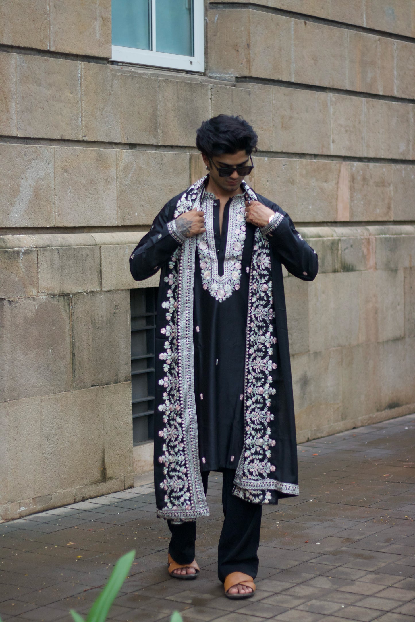 Men's Black Linen Satin Kurta Set with Dupatta