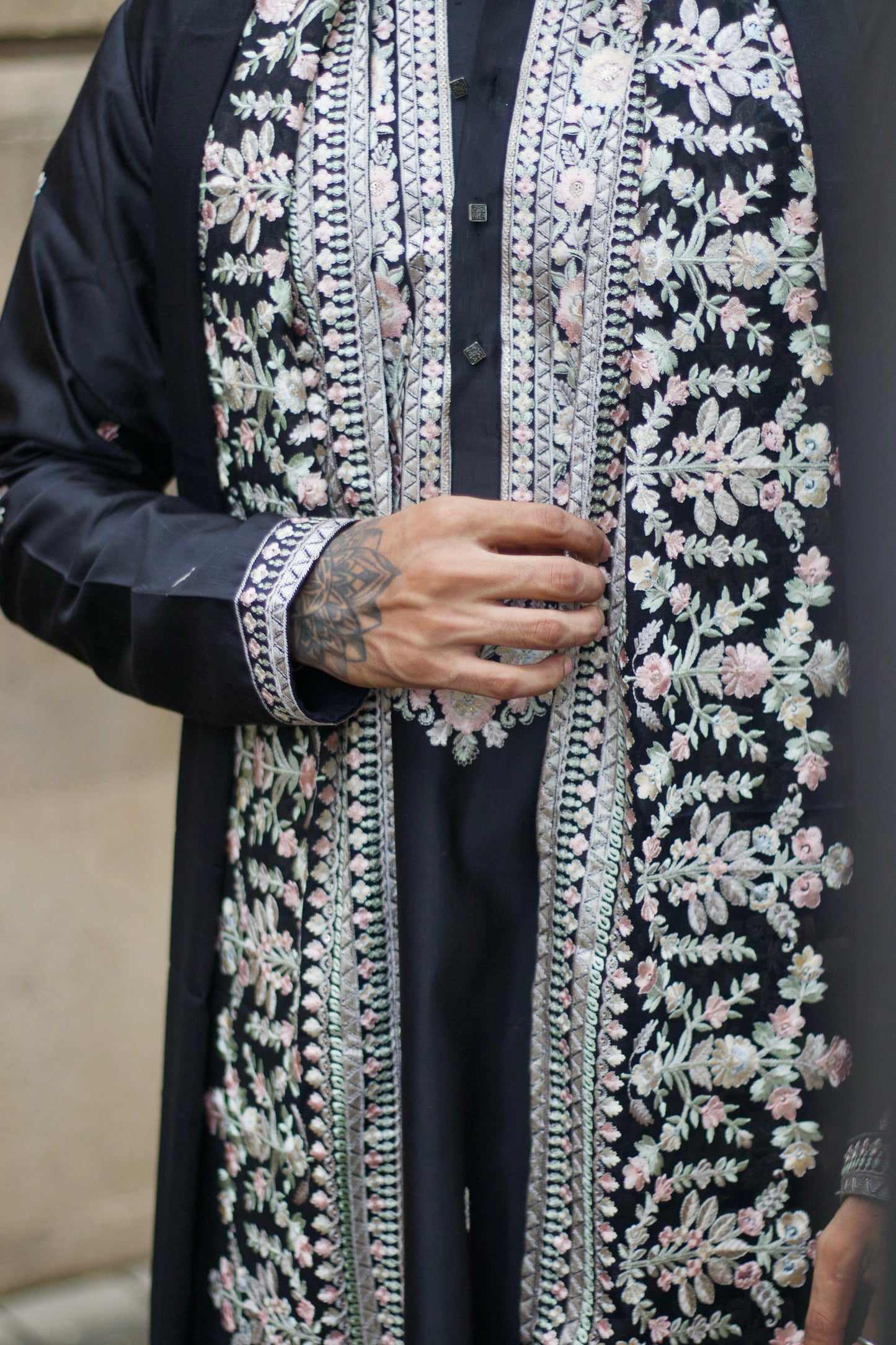 Men's Black Linen Satin Kurta Set with Dupatta