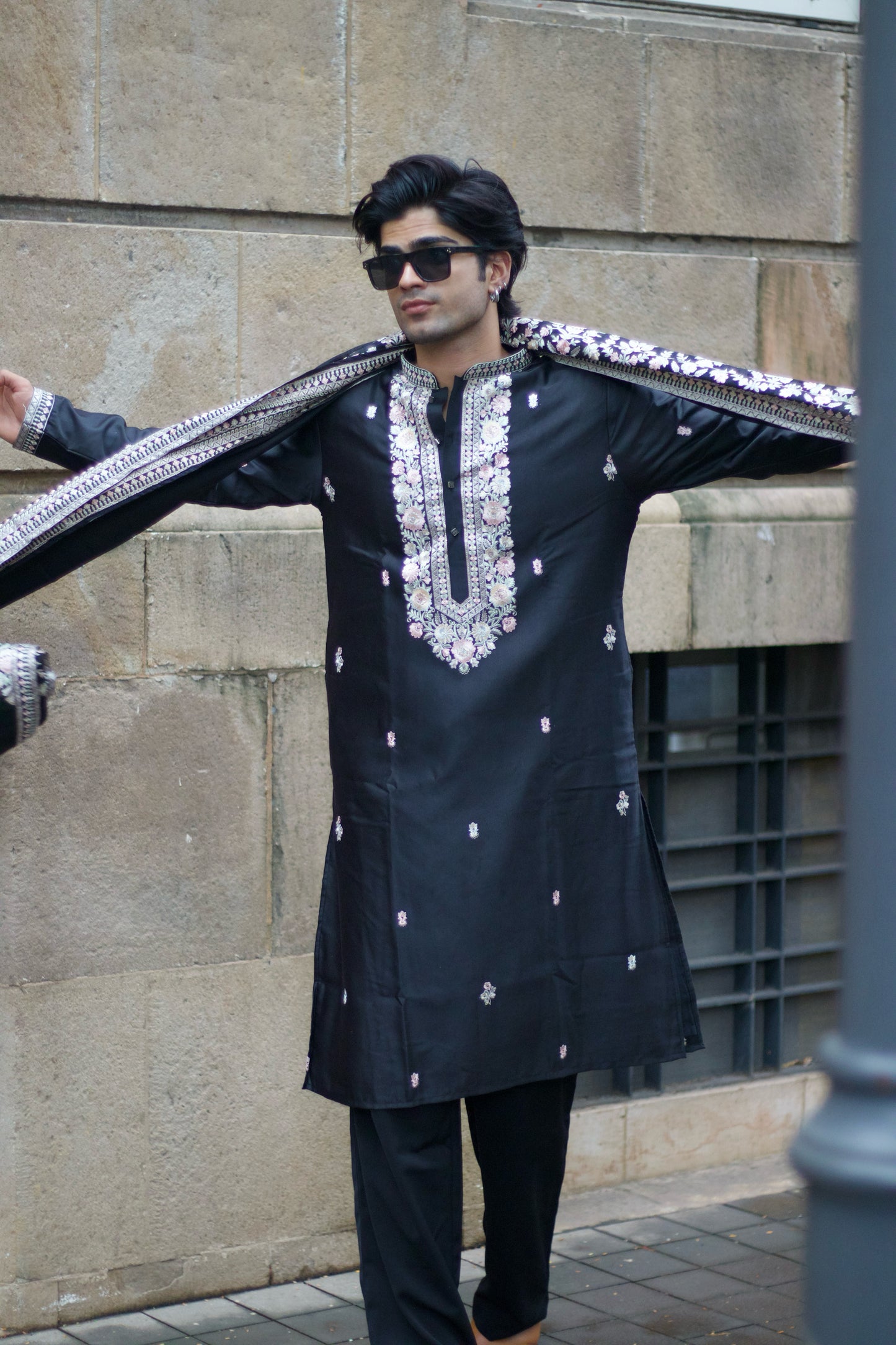 Men's Black Linen Satin Kurta Set with Dupatta