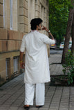 Men's White Linen Satin Kurta Set with Dupatta
