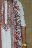 Men's White Linen Satin Kurta Set with Dupatta