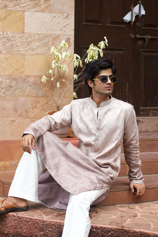 Men's Rosewood Silk Kurta Set with Zari Embroidery
