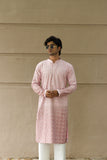 Men's Pink Ombre Silk Kurta Set with Silver Zari Embroidery