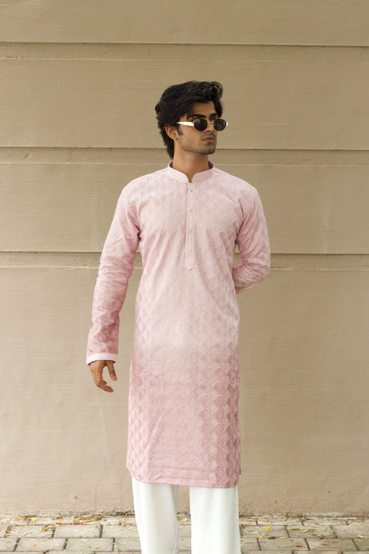 Men's Pink Ombre Silk Kurta Set with Silver Zari Embroidery