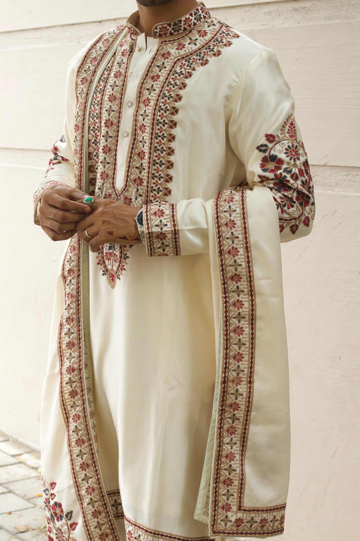 Men's Off-White Kenzo Fabric Kurta Set with Dupatta
