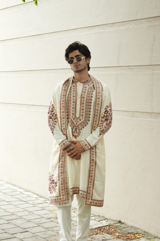 Men's Off-White Kenzo Fabric Kurta Set with Dupatta