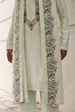 Men's White Linen Satin Kurta Set with Multicolour Embroidery & Dupatta