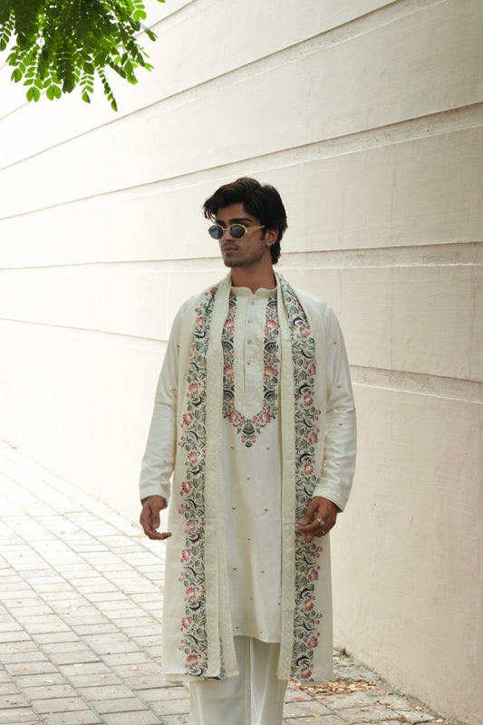 Men's White Linen Satin Kurta Set with Multicolour Embroidery & Dupatta
