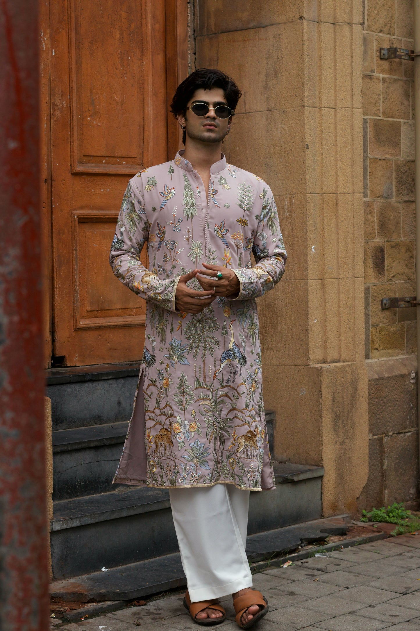 Men's Lavender Georgette Kurta Set with Multicolour Thread Embroidery