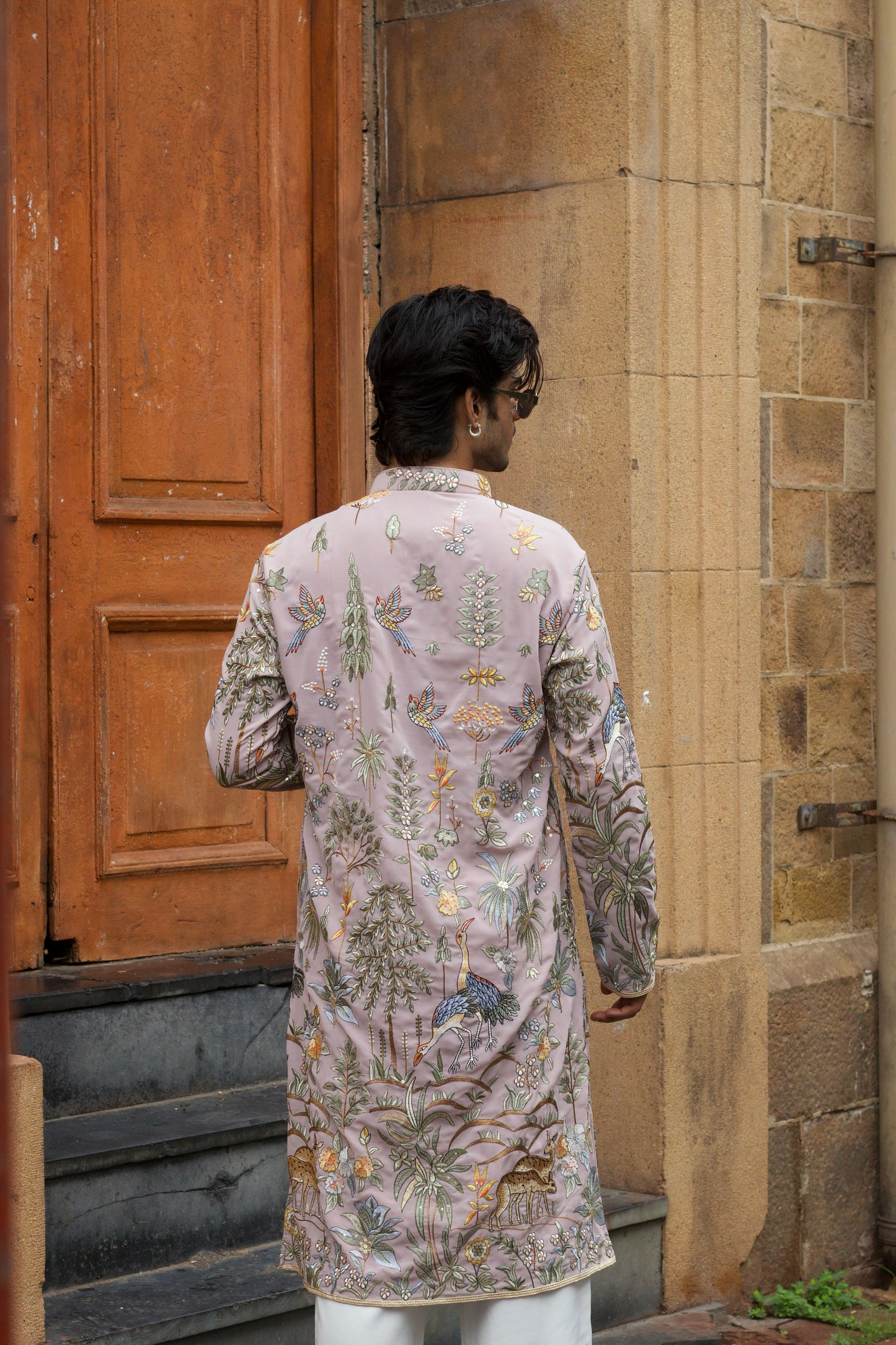 Men's Lavender Georgette Kurta Set with Multicolour Thread Embroidery