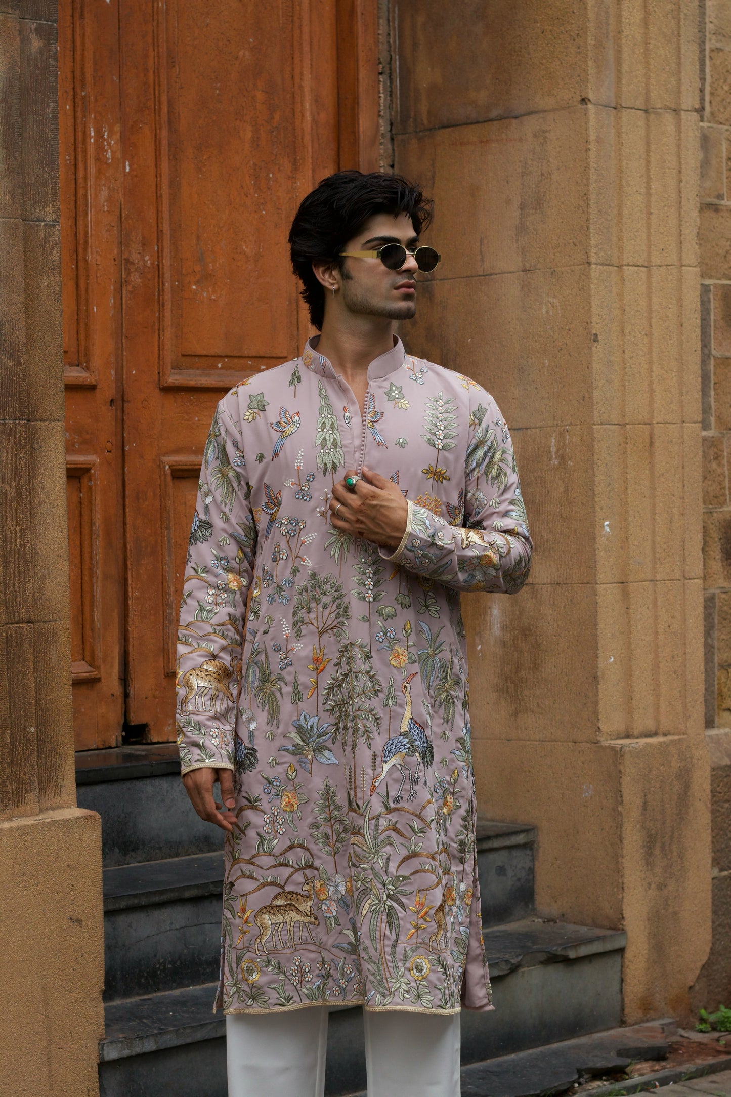 Men's Lavender Georgette Kurta Set with Multicolour Thread Embroidery