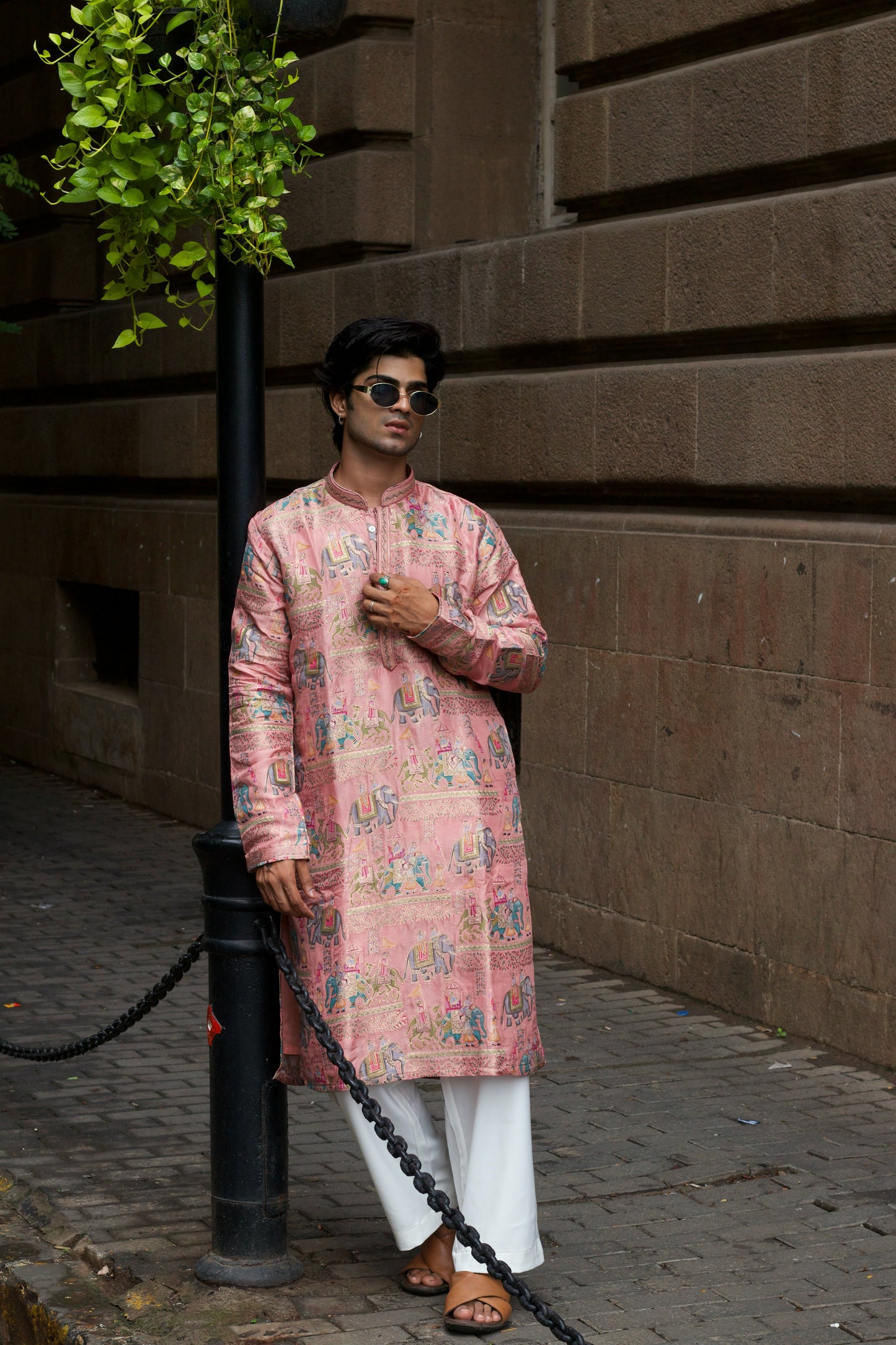 Men's Pink Jacquard Kurta Set with Swarovski Stone Detailing