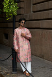 Men's Pink Jacquard Kurta Set with Swarovski Stone Detailing
