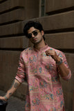 Men's Pink Jacquard Kurta Set with Swarovski Stone Detailing