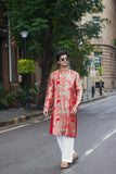Men's Red Jacquard Kurta Set with Position Print