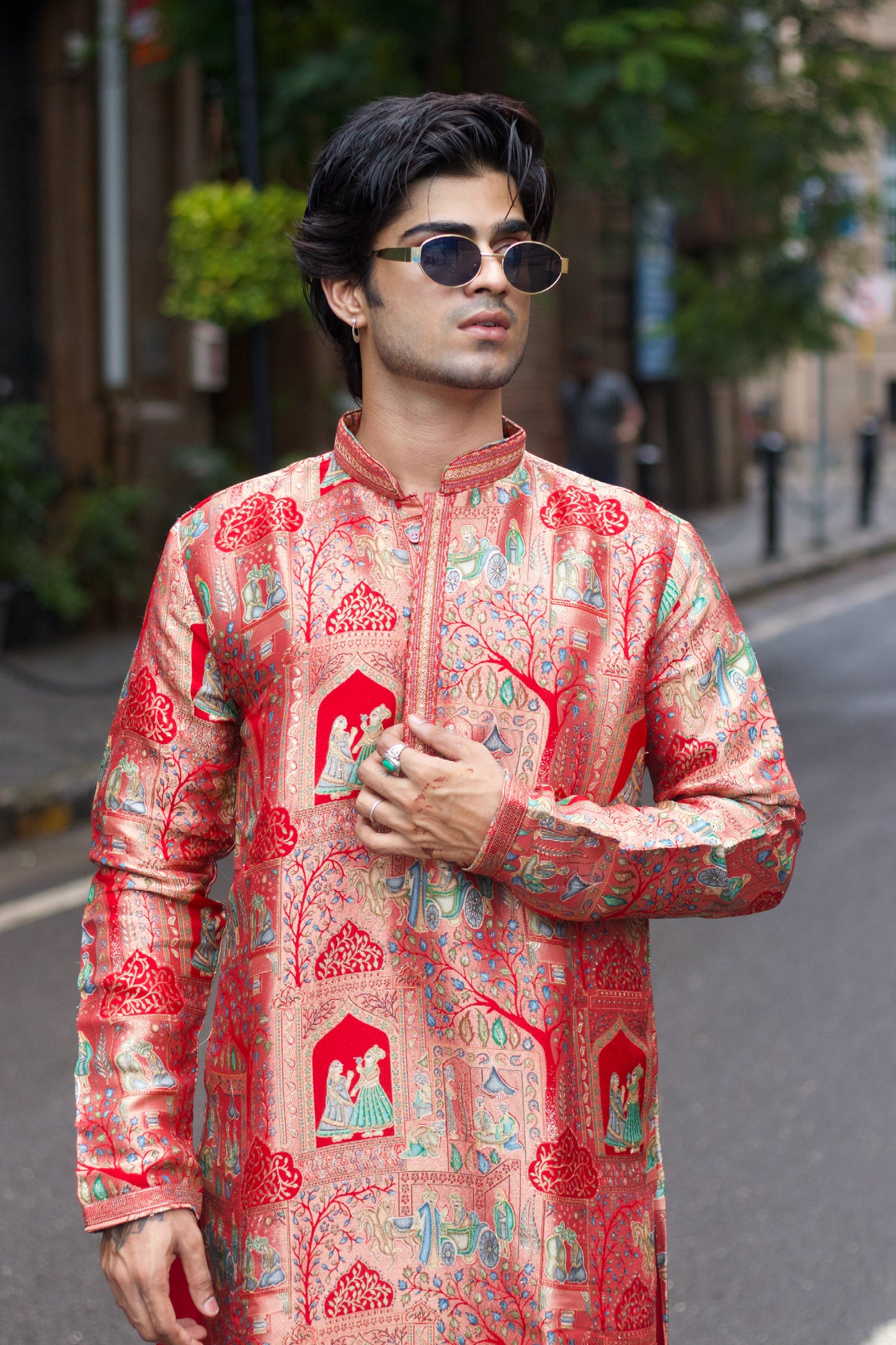 Men's Red Jacquard Kurta Set with Position Print