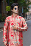 Men's Red Jacquard Kurta Set with Position Print