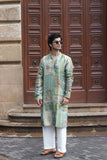 Men's Mint Green Jacquard Kurta Set with Swarovski Stone Detailing