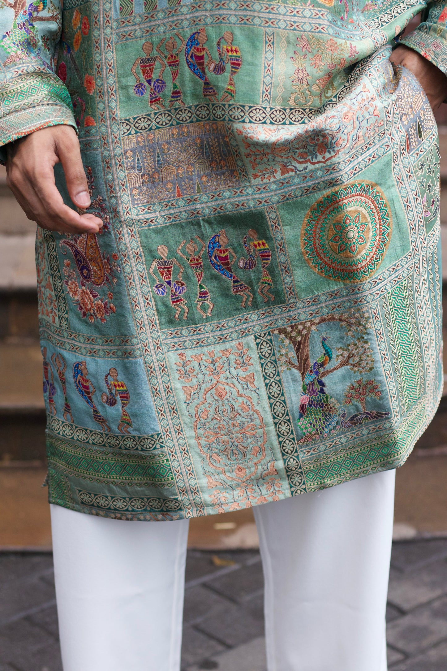 Men's Mint Green Jacquard Kurta Set with Swarovski Stone Detailing