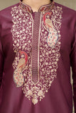 Men's Wine Satin Silk Kurta Set with Thread Work Embroidery