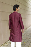 Men's Wine Satin Silk Kurta Set with Thread Work Embroidery