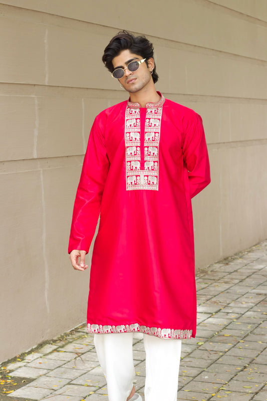 Men's Pink Satin Silk Kurta Set with Zari & Sequin Embroidery