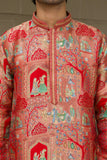 Men's Red Jacquard Kurta Set with Position Print