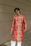 Men's Red Jacquard Kurta Set with Position Print