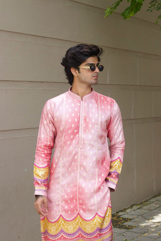 Men's Pink Jacquard Kurta Set with Swarovski Stone Detailing