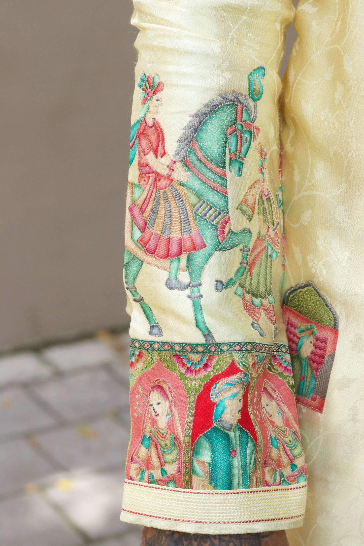 Men's Cream Jacquard Silk Kurta Set with Swarovski Stone Detailing
