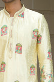 Men's Cream Jacquard Silk Kurta Set with Swarovski Stone Detailing