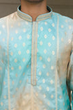 Men's Blue Jacquard Kurta Set with Swarovski Stone Detailing