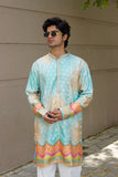Men's Blue Jacquard Kurta Set with Swarovski Stone Detailing