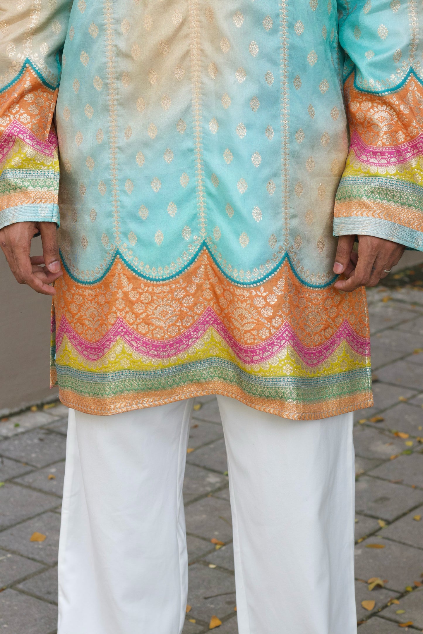 Men's Blue Jacquard Kurta Set with Swarovski Stone Detailing