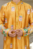 Men's Mustard Jacquard Silk Kurta Set with Swarovski Stone Detailing