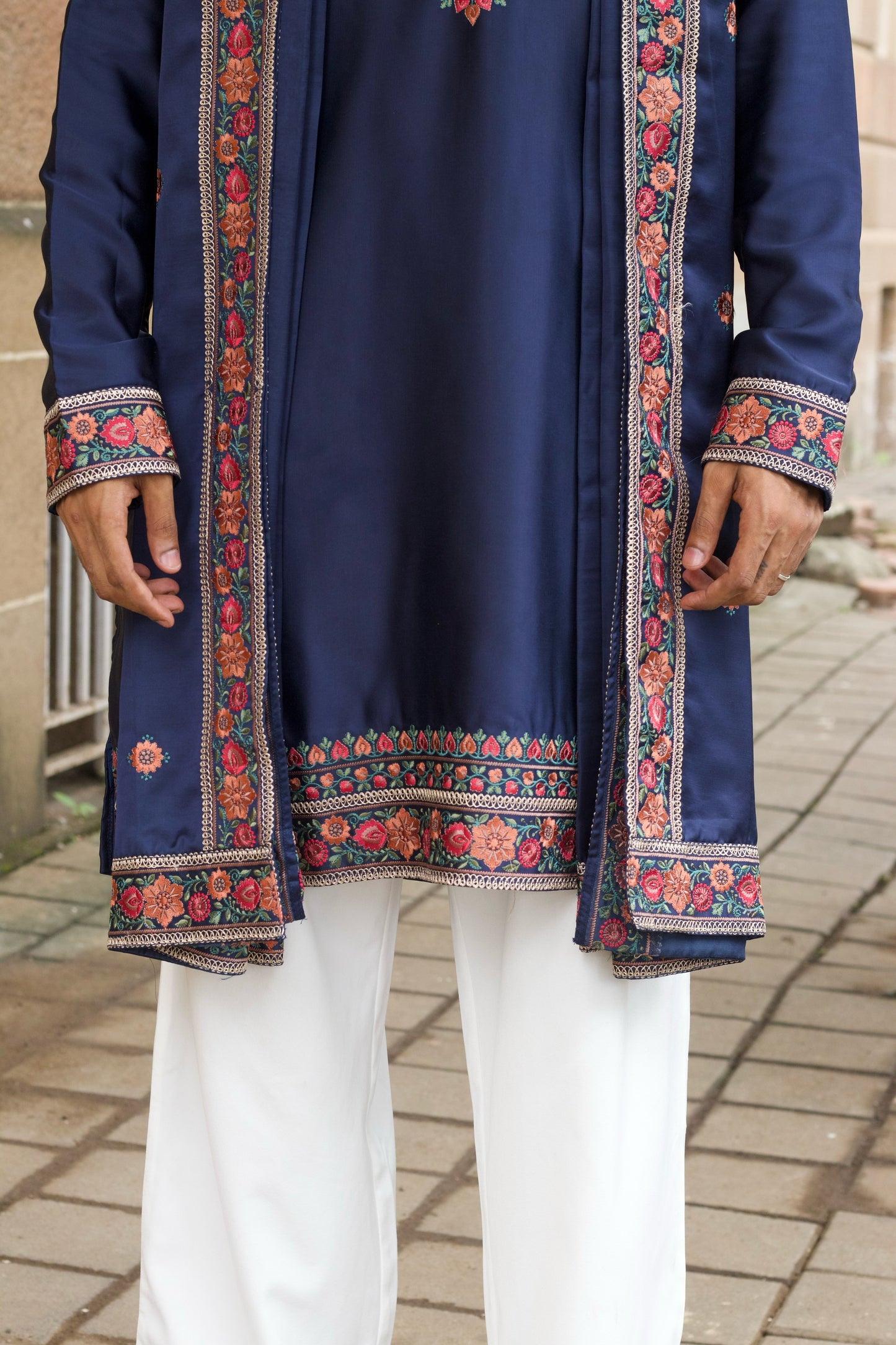 Men's Navy Blue Satin Silk Kurta Set with Dupatta