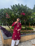 Men’s Maroon Silk Embroidered Kurta Set