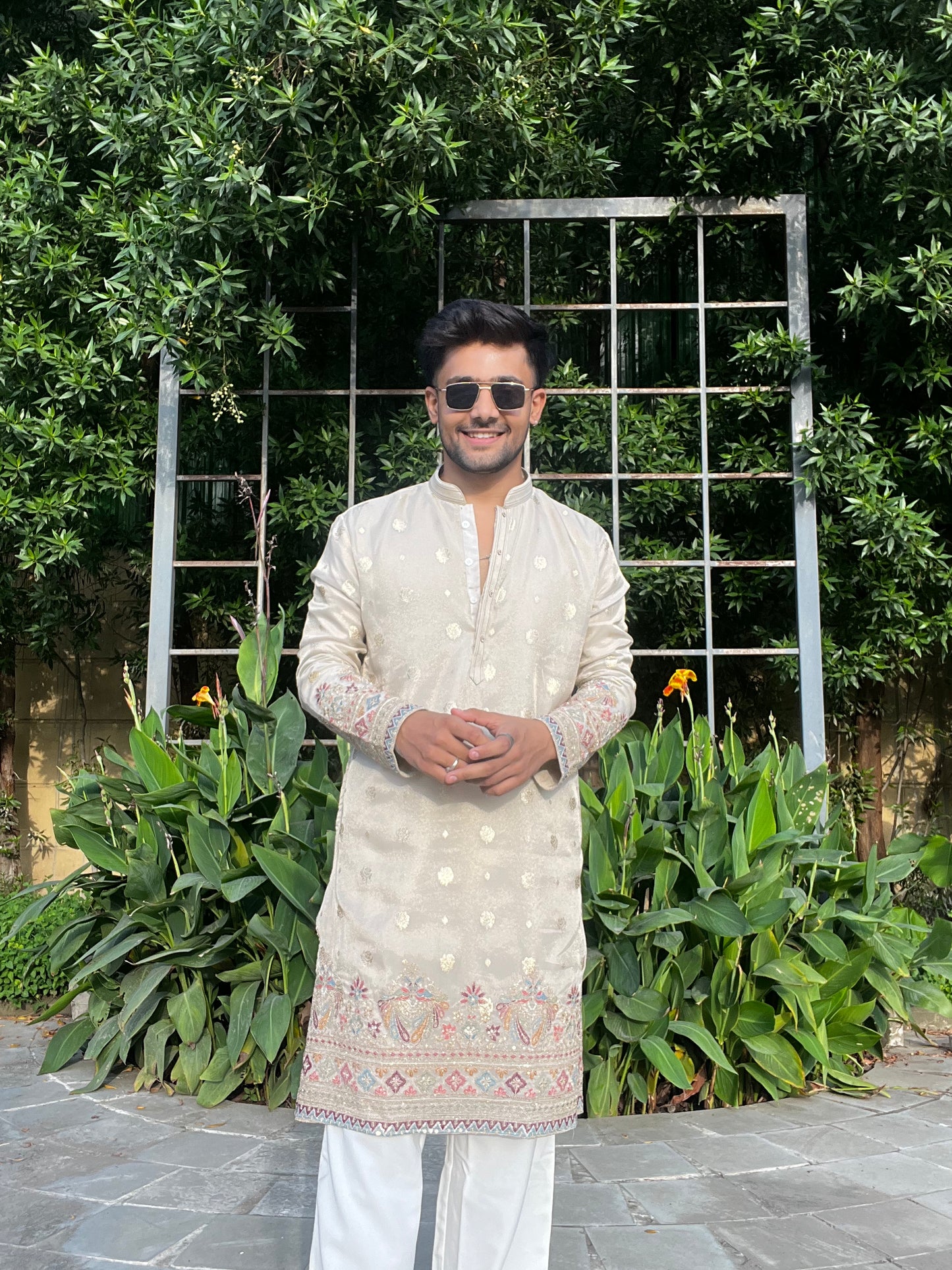 Men's Beige Embroidered Kurta Set