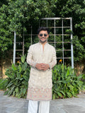 Men's Beige Embroidered Kurta Set
