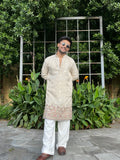 Men's Beige Embroidered Kurta Set
