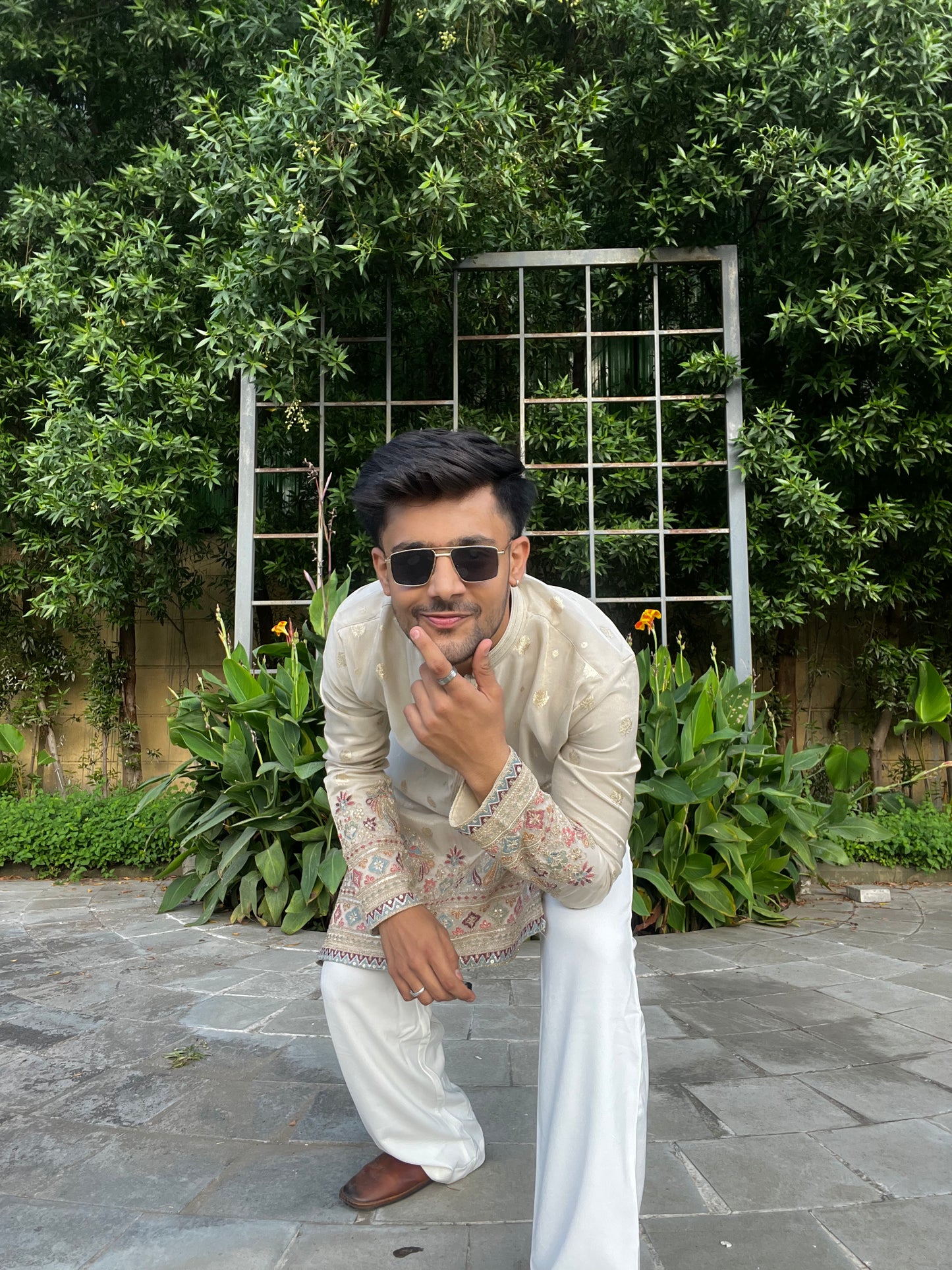 Men's Beige Embroidered Kurta Set