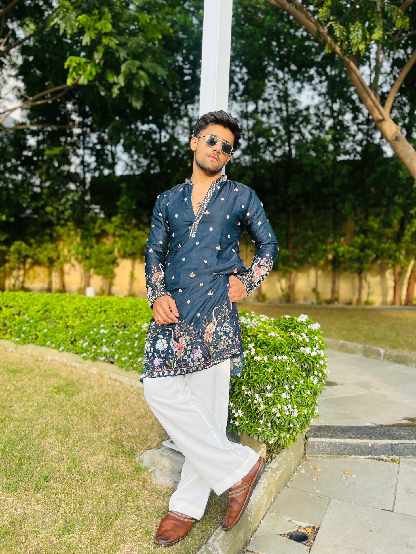 Men's Blue Kenzo Bead Work Embroidered Kurta Set