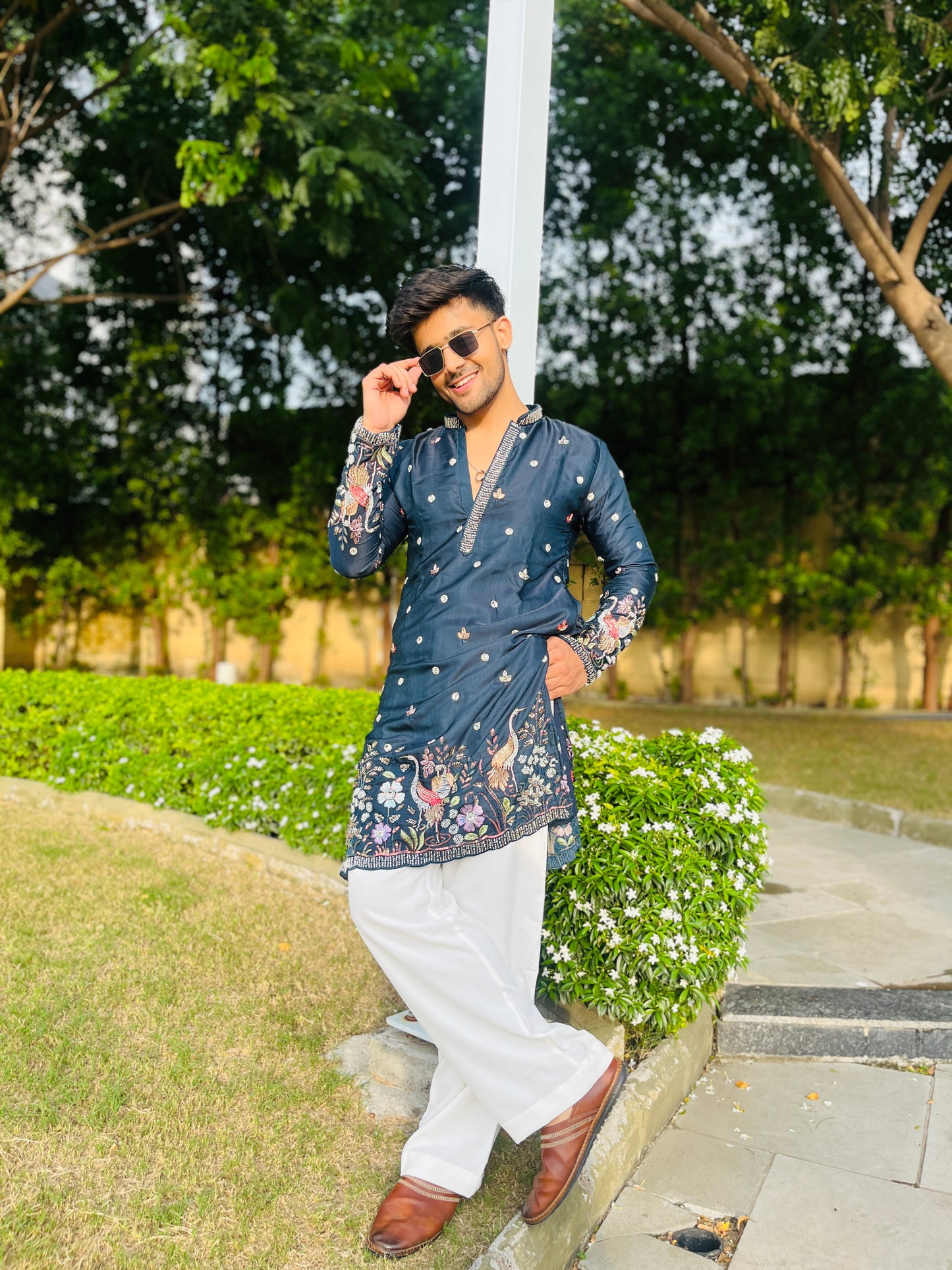 Men's Blue Kenzo Bead Work Embroidered Kurta Set