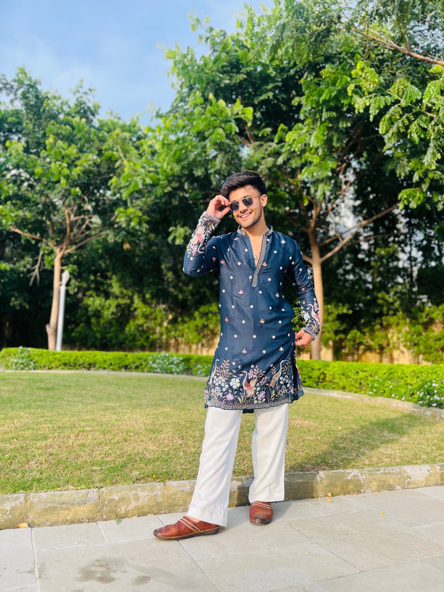 Men's Blue Kenzo Bead Work Embroidered Kurta Set