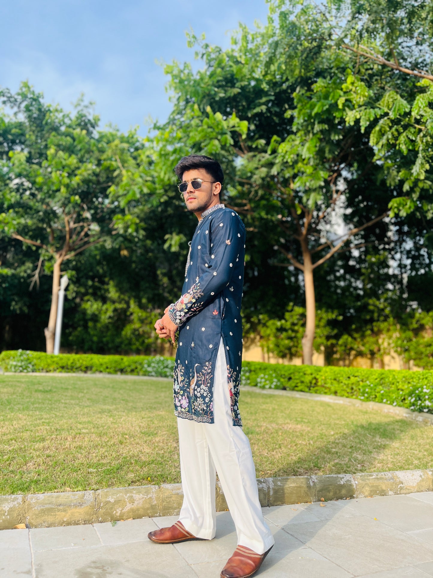 Men's Blue Kenzo Bead Work Embroidered Kurta Set
