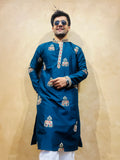 Men's Blue Silk Bead Work Embroidered Kurta Set