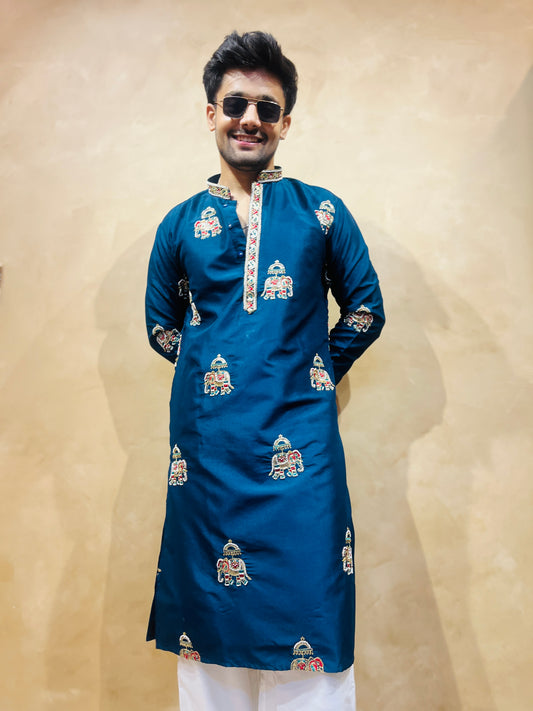 Men's Blue Silk Bead Work Embroidered Kurta Set