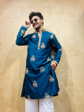Men's Blue Silk Bead Work Embroidered Kurta Set
